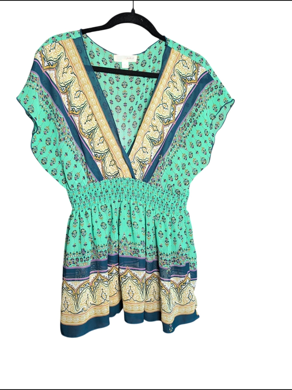 Smocked Waist V-Neck Tunic in Mint Green with Paisley Border